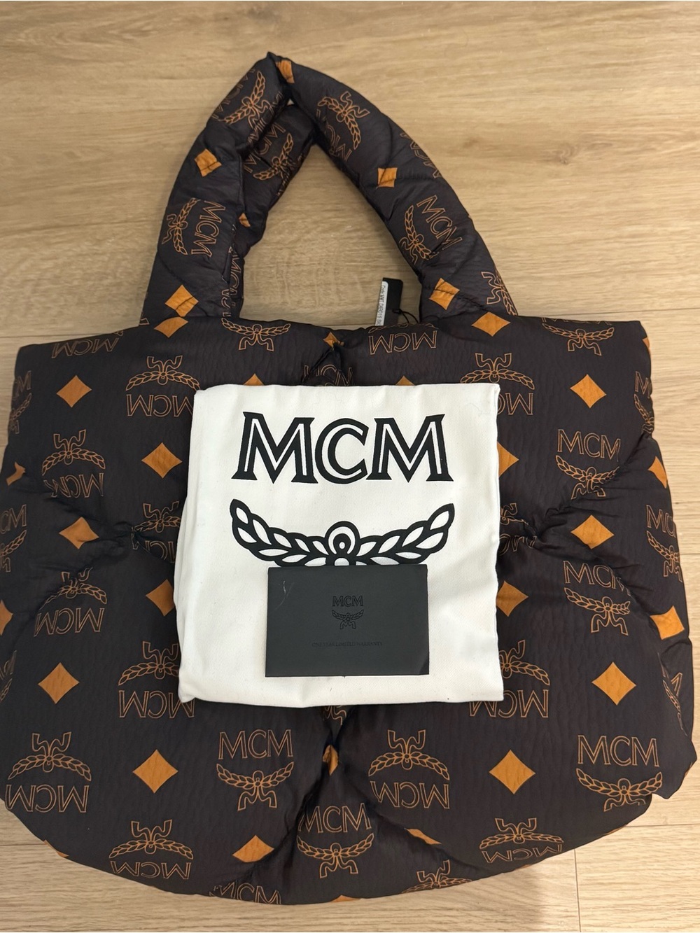 MCM Black & Cognac Logo Quilted Puffer Tote - Picture 3 of 13